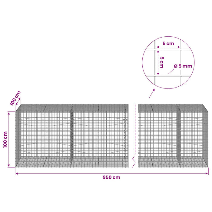 Gabion cu sârmă de 5 mm și plasă de 5x5 cm 950x100x100 cm WALTI