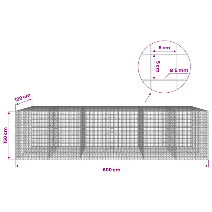 Gabion cu sârmă de 5 mm și plasă de 5x5 cm 600x100x150 cm WALTI