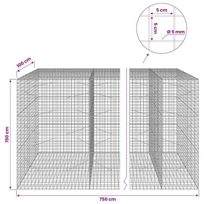 Gabion cu sârmă de 5 mm și plasă de 5x5 cm 750x100x150 cm WALTI