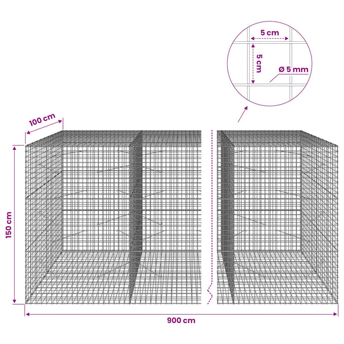 Gabion cu sârmă de 5 mm și plasă de 5x5 cm 900x100x150 cm WALTI