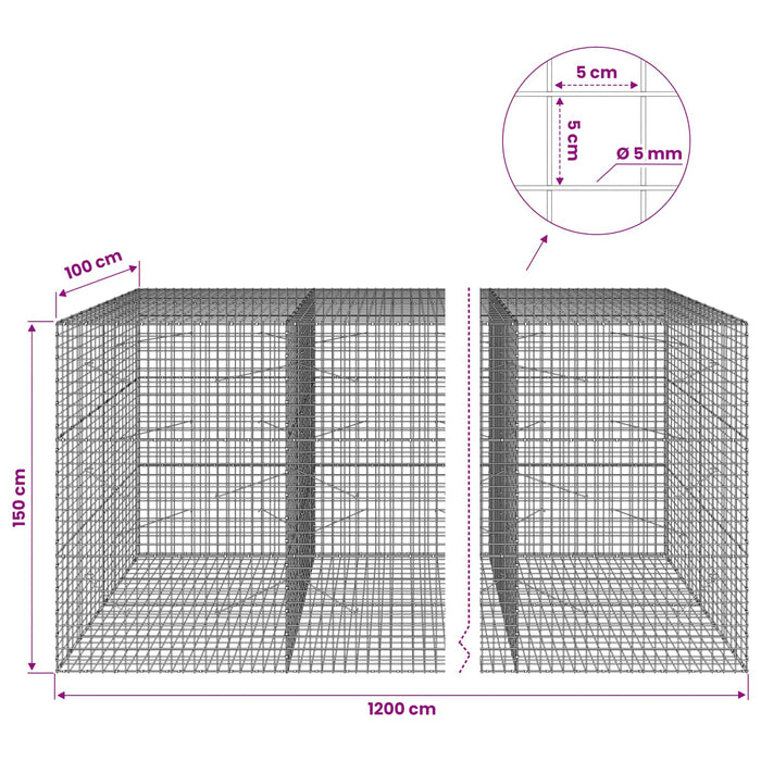 Gabion cu sârmă de 5 mm și plasă de 5x5 cm 1200x100x150 cm WALTI
