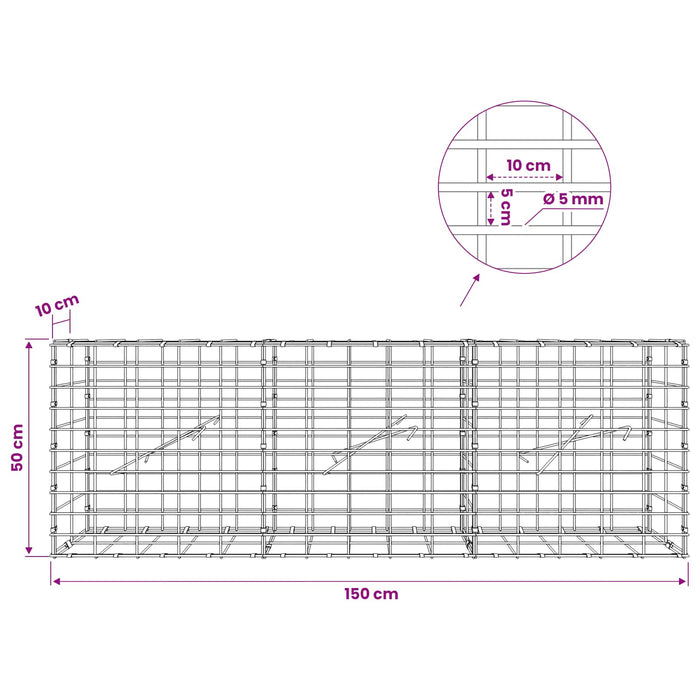 Gabion cu Sârmă de 5 mm și Plasă de 5x10 cm 150x10x50 cm WALTI