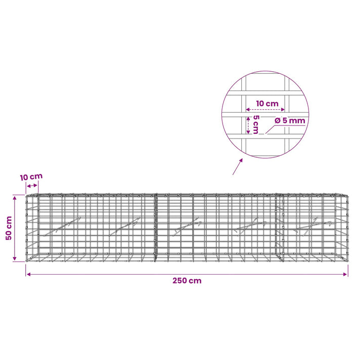 Gabion cu Sârmă de 5 mm și Plasă de 5x10 cm 250x10x50 cm WALTI