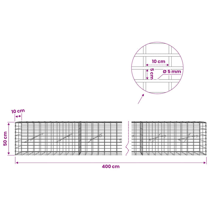 Gabion cu Sârmă de 5 mm și Plasă de 5x10 cm 400x10x50 cm WALTI