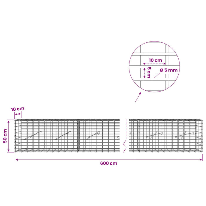 Gabion cu Sârmă de 5 mm și Plasă de 5x10 cm 600x10x50 cm WALTI