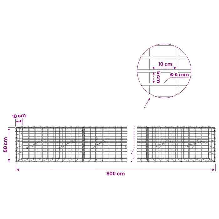 Gabion cu Sârmă de 5 mm și Plasă de 5x10 cm 800x10x50 cm WALTI