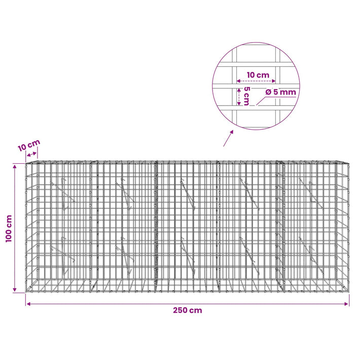 Gabion cu Sârmă de 5 mm și Plasă de 5x10 cm 250x10x100 cm WALTI