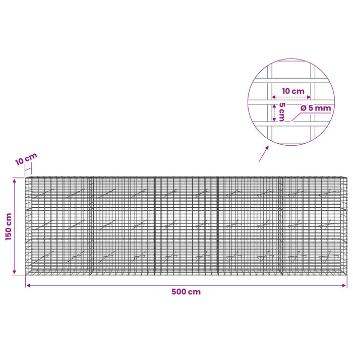 Gabion cu Sârmă de 5 mm și Plasă de 5x10 cm 500x10x150 cm WALTI