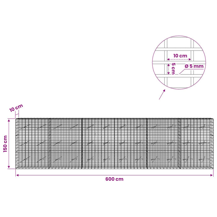 Gabion cu Sârmă de 5 mm și Plasă de 5x10 cm 600x10x150 cm WALTI