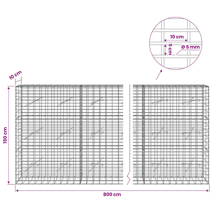 Gabion cu Sârmă de 5 mm și Plasă de 5x10 cm 800x10x150 cm WALTI