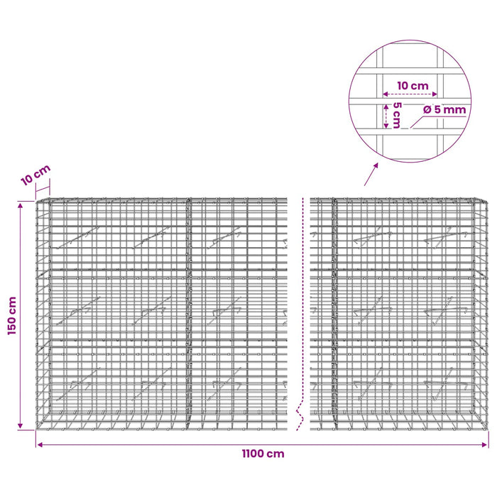 Gabion cu Sârmă de 5 mm și Plasă de 5x10 cm 1100x10x150 cm WALTI