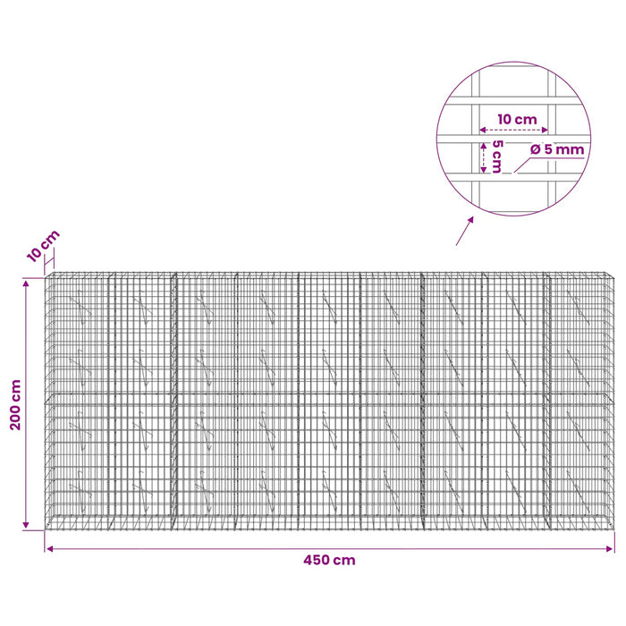 Gabion cu Sârmă de 5 mm și Plasă de 5x10 cm 450x10x200 cm WALTI