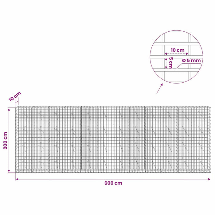 Gabion cu Sârmă de 5 mm și Plasă de 5x10 cm 600x10x200 cm WALTI