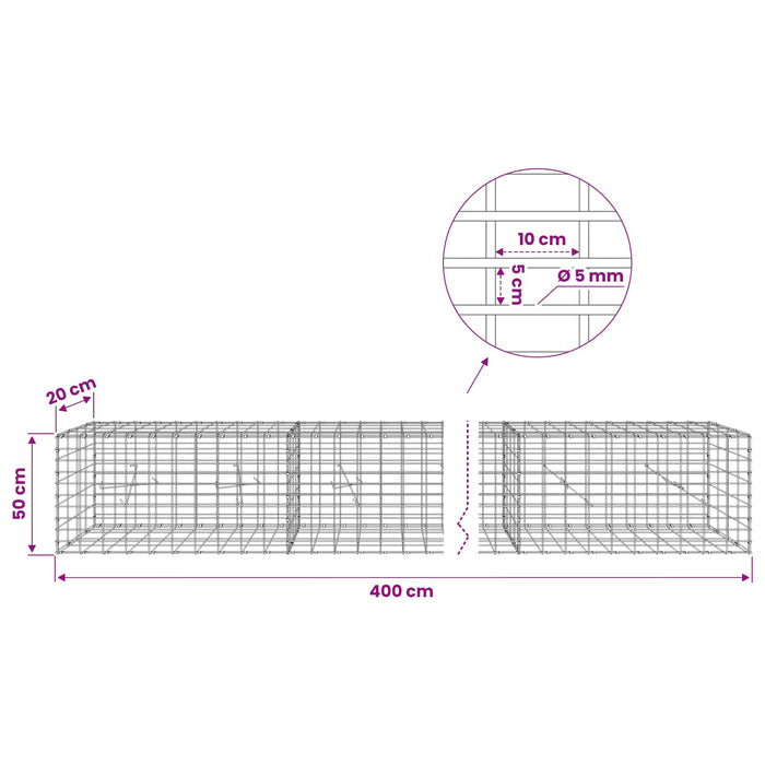 Gabion cu Sârmă de 5 mm și Plasă de 5x10 cm 400x20x50 cm WALTI