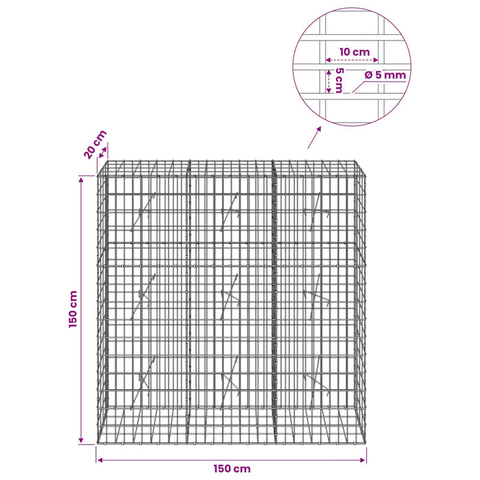Gabion cu Sârmă de 5 mm și Plasă de 5x10 cm 150x20x150 cm WALTI