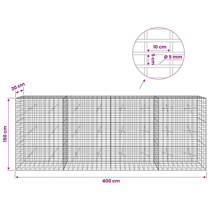 Gabion cu Sârmă de 5 mm și Plasă de 5x10 cm 400x20x150 cm WALTI