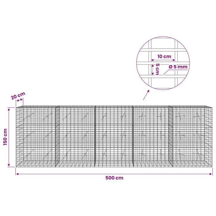 Gabion cu Sârmă de 5 mm și Plasă de 5x10 cm 500x20x150 cm WALTI