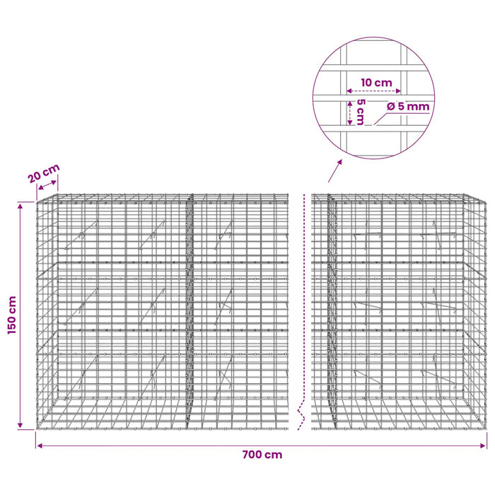 Gabion cu Sârmă de 5 mm și Plasă de 5x10 cm 700x20x150 cm WALTI