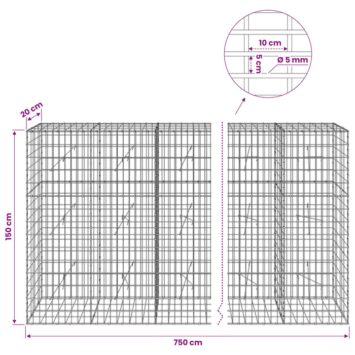 Gabion cu Fir de 5 mm și Plasă de 5x10 cm 750x20x150 cm WALTI