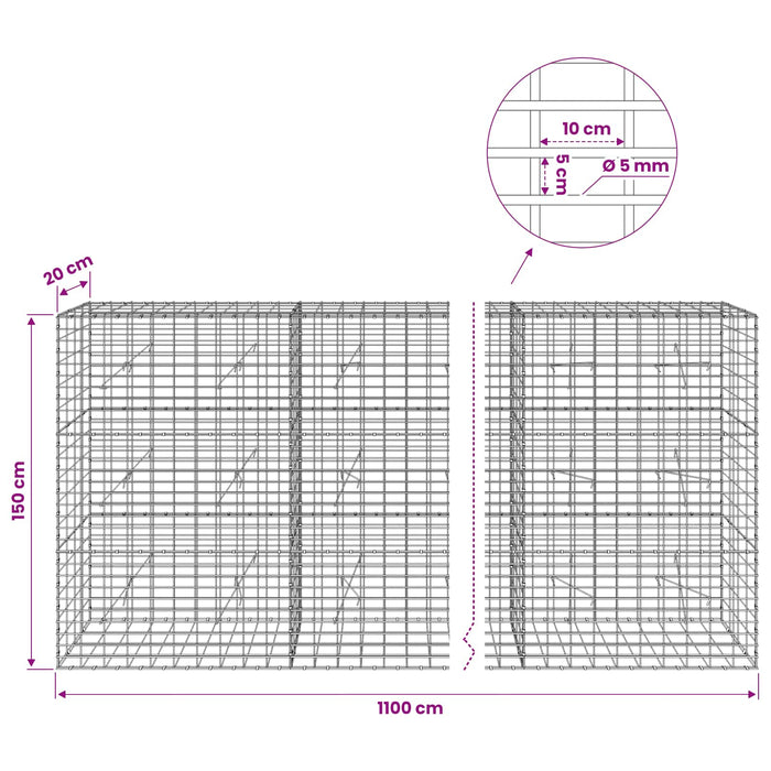 Gabion cu Sârmă de 5 mm și Plasă de 5x10 cm 1100x20x150 cm WALTI