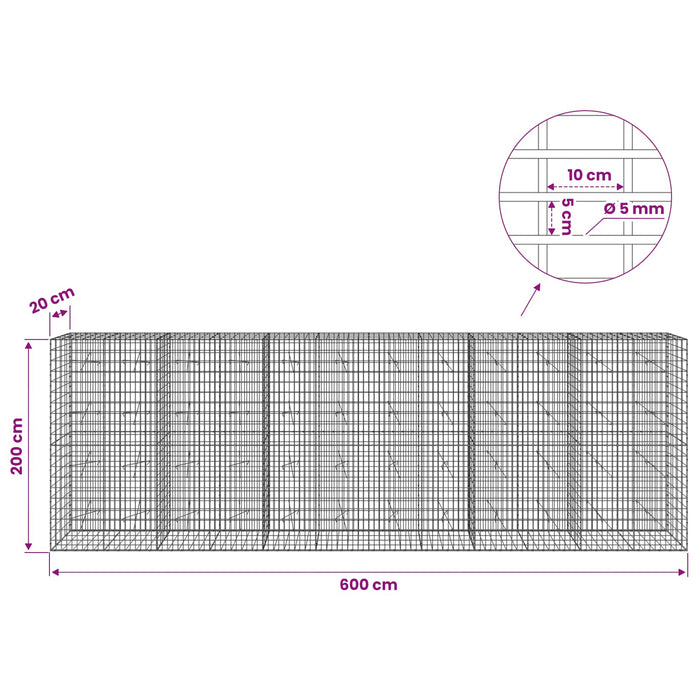Gabion cu Sârmă de 5 mm și Plasă de 5x10 cm 600x20x200 cm WALTI