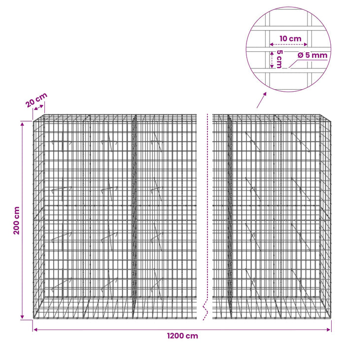 Gabion cu Sârmă de 5 mm și Plasă de 5x10 cm 1200x20x200 cm WALTI
