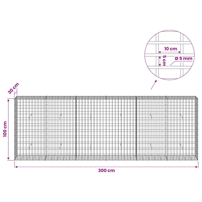 Gabion cu Sârmă de 5 mm și Plasă de 5x10 cm 300x30x100 cm WALTI