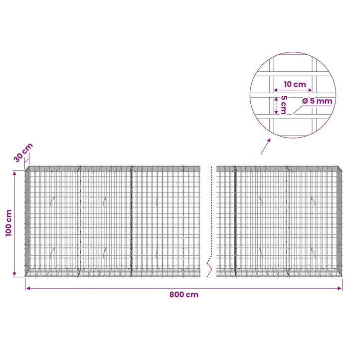 Gabion cu Fir de 5 mm și Plasă de 5x10 cm 800x30x100 cm - WALTI WALTI