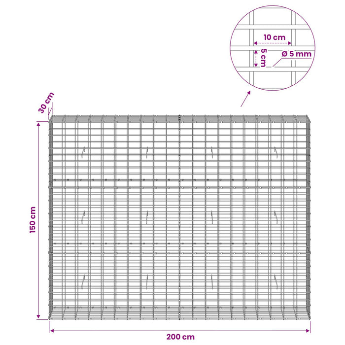 Gabion cu Sârmă de 5 mm și Plasă de 5x10 cm 200x30x150 cm WALTI