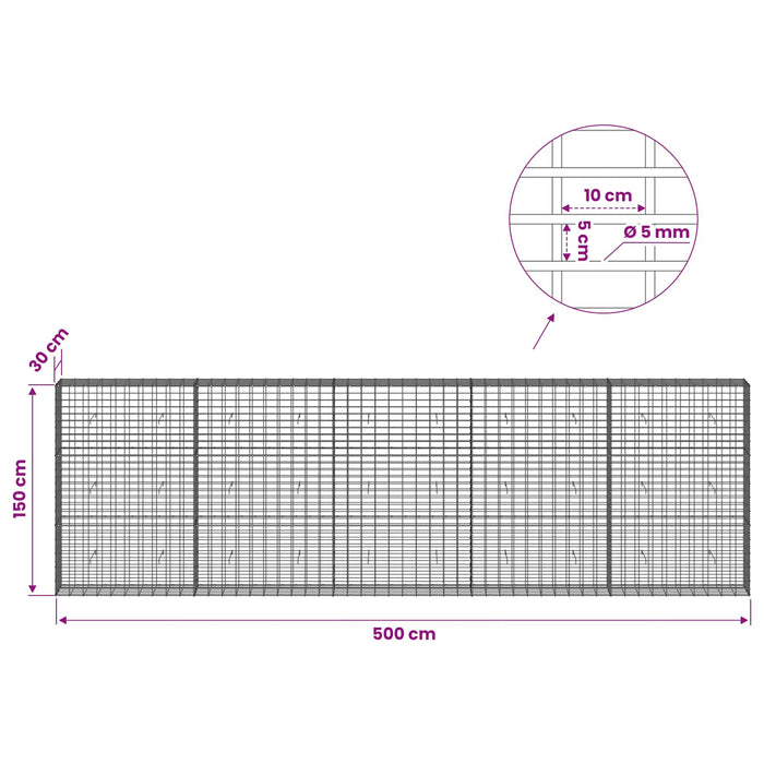 Gabion cu Sârmă de 5 mm și Plasă de 5x10 cm 500x30x150 cm WALTI