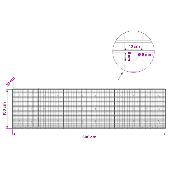 Gabion cu Sârmă de 5 mm și Plasă de 5x10 cm 600x30x150 cm WALTI