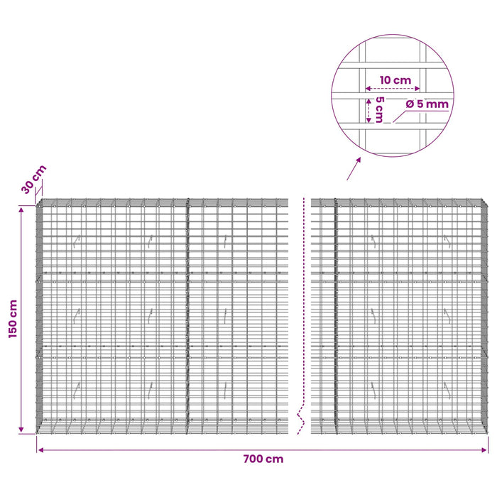 Gabion cu Sârmă de 5 mm și Plasă de 5x10 cm 700x30x150 cm WALTI