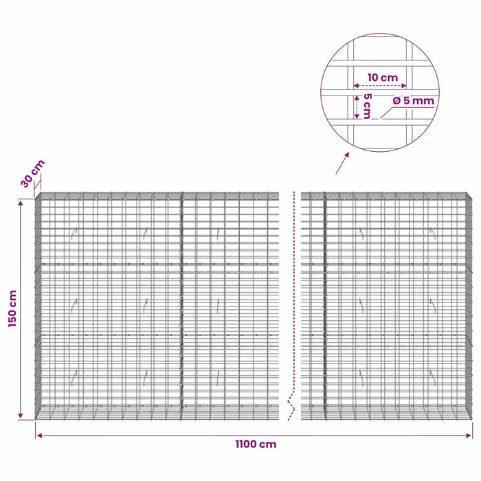 Gabion cu Sârmă de 5 mm și Plasă de 5x10 cm 1100x30x150 cm - WALTI WALTI