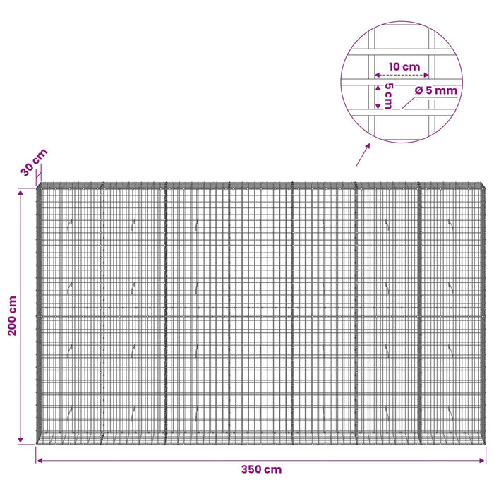 Gabion cu Sârmă de 5 mm și Plasă de 5x10 cm 350x30x200 cm WALTI