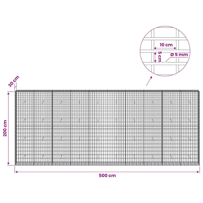 Gabion cu Sârmă de 5 mm și Plasă de 5x10 cm 500x30x200 cm WALTI