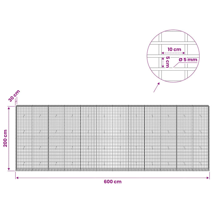 Gabion cu Sârmă de 5 mm și Plasă de 5x10 cm 600x30x200 cm WALTI