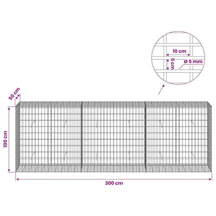 Gabion cu Sârmă de 5 mm și Plasă de 5x10 cm 300x50x100 cm - WALTI WALTI