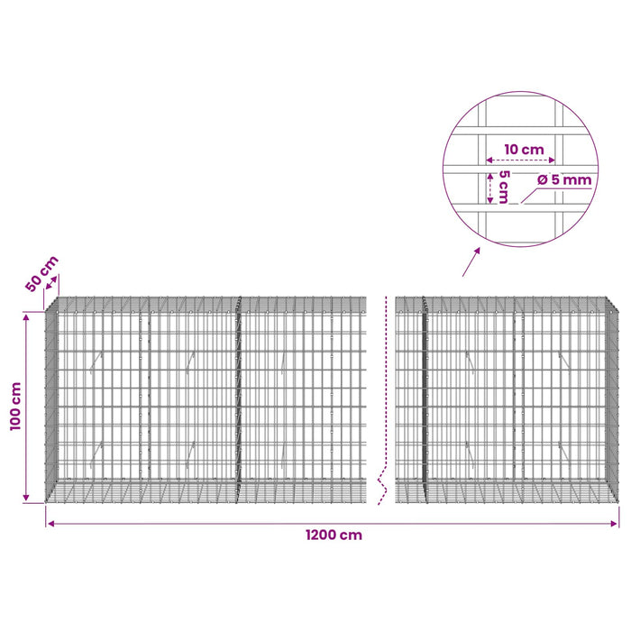 Gabion cu Sârmă de 5 mm și Plasă de 5x10 cm 1200x50x100 cm WALTI