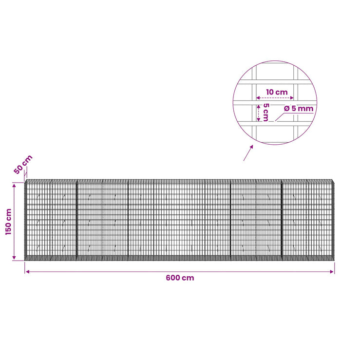 Gabion cu Fir de 5 mm și Plasă de 5x10 cm 600x50x150 cm WALTI