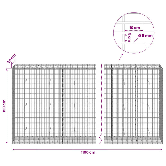 Gabion cu Fir de 5 mm și Plasă de 5x10 cm 1100x50x150 cm - WALTI WALTI