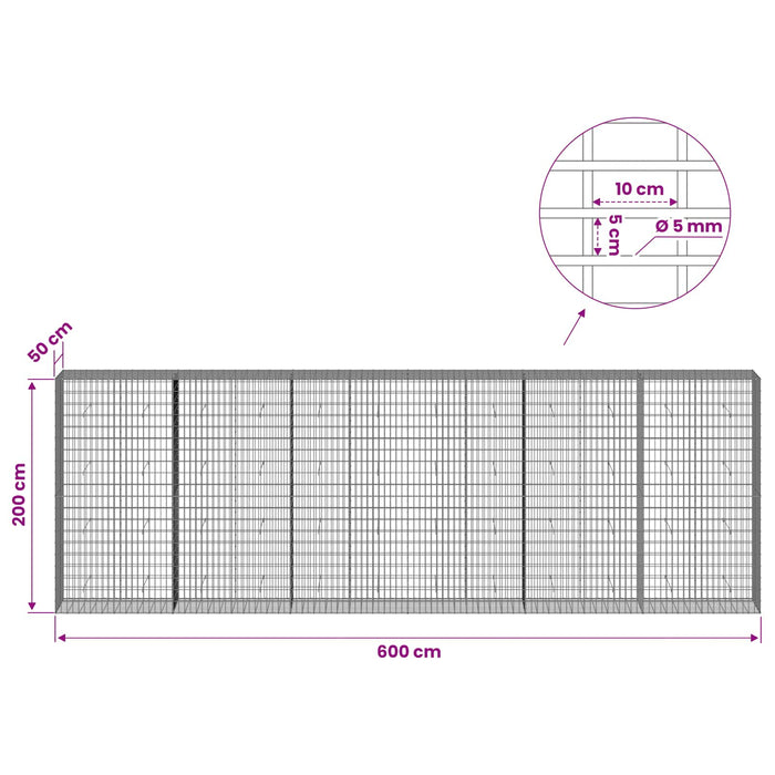 Gabion cu Sârmă de 5 mm și Plasă de 5x10 cm 600x50x200 cm WALTI