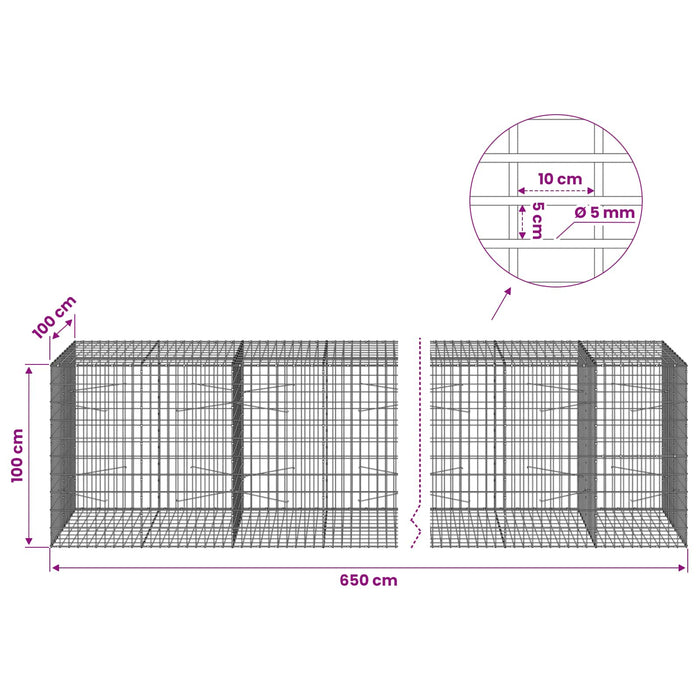 Gabion cu Fir de 5 mm și Plasă de 5x10 cm 650x100x100 cm - WALTI WALTI