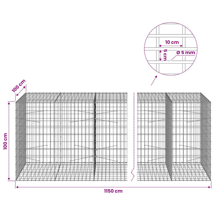 Gabion cu Sârmă de 5 mm și Plasă de 5x10 cm 1150x100x100 cm WALTI