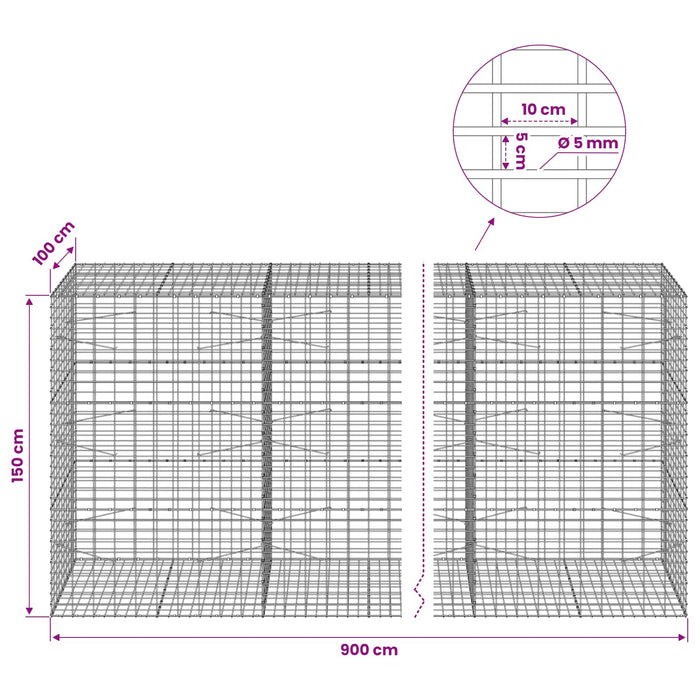 Gabion cu Sârmă de 5 mm și Plasă de 5x10 cm 900x100x150 cm WALTI