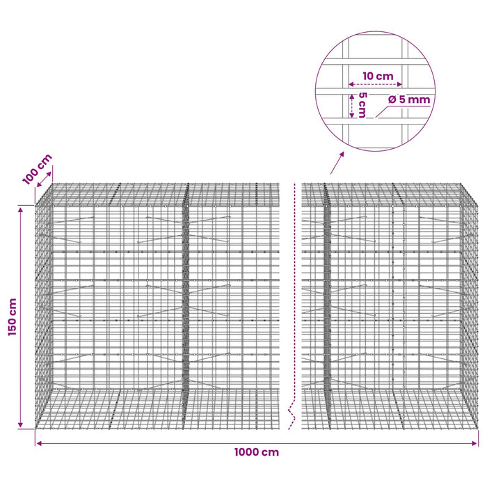 Gabion cu Fir de 5 mm și Plasă de 5x10 cm 1000x100x150 cm WALTI