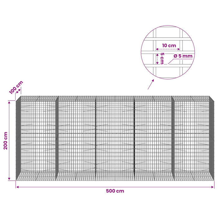 Gabion cu Sârmă de 5 mm și Plasă de 5x10 cm 500x100x200 cm WALTI