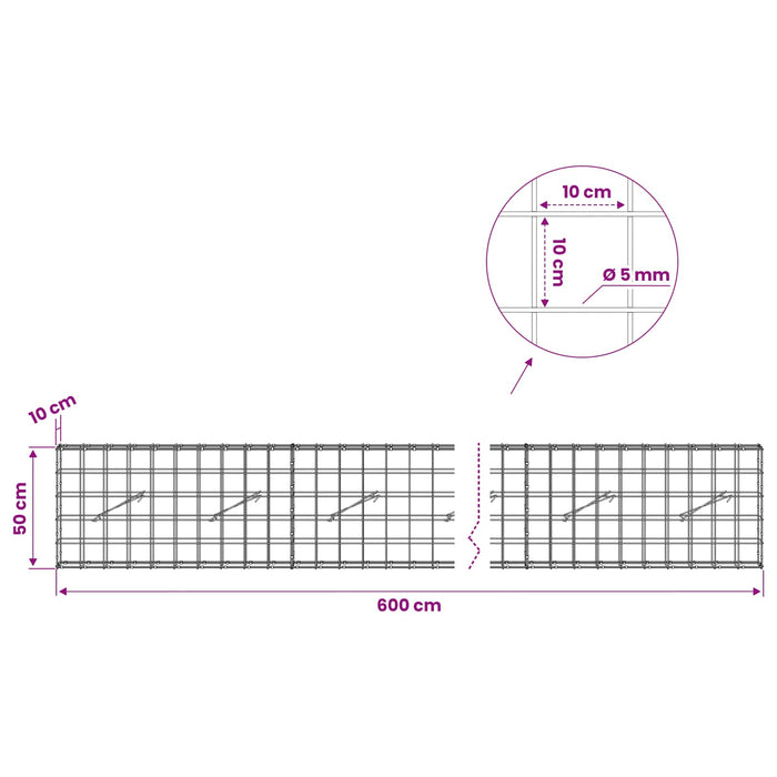 Gabion cu fir de 5 mm și plasă de 10x10 cm 600x10x50 cm WALTI