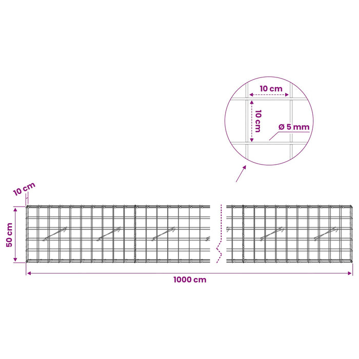Gabion cu fir de 5 mm și plasă de 10x10 cm 1000x10x50 cm WALTI
