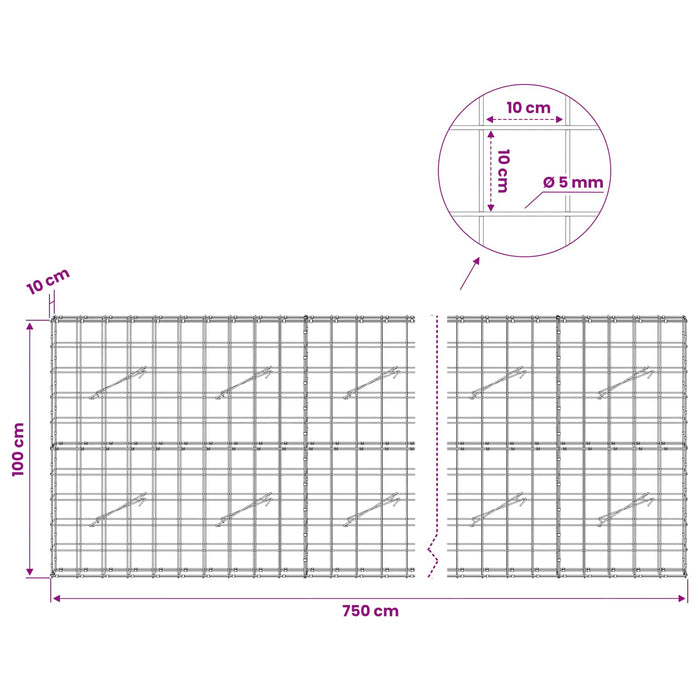 Gabion cu fir de 5 mm și plasă de 10x10 cm 750x10x100 cm WALTI