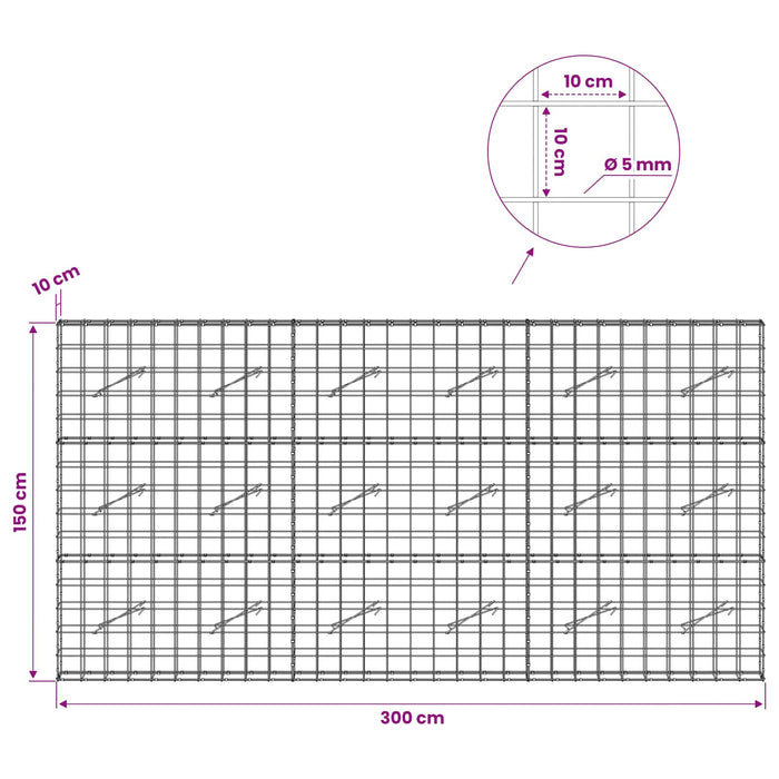 Gabion cu fir de 5 mm și plasă de 10x10 cm 300x10x150 cm WALTI